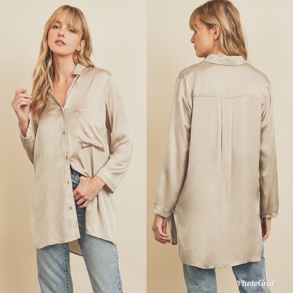 Revolve Anthropologie Dress Forum Champagne Satin Side Slits Long Shirt